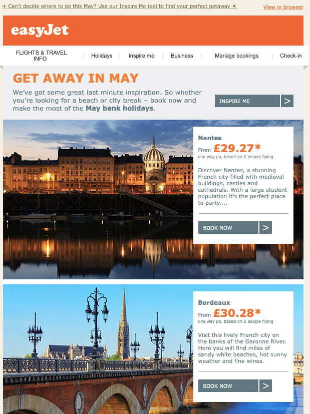 Easyjet "Go Away in May" email showing last minute deals